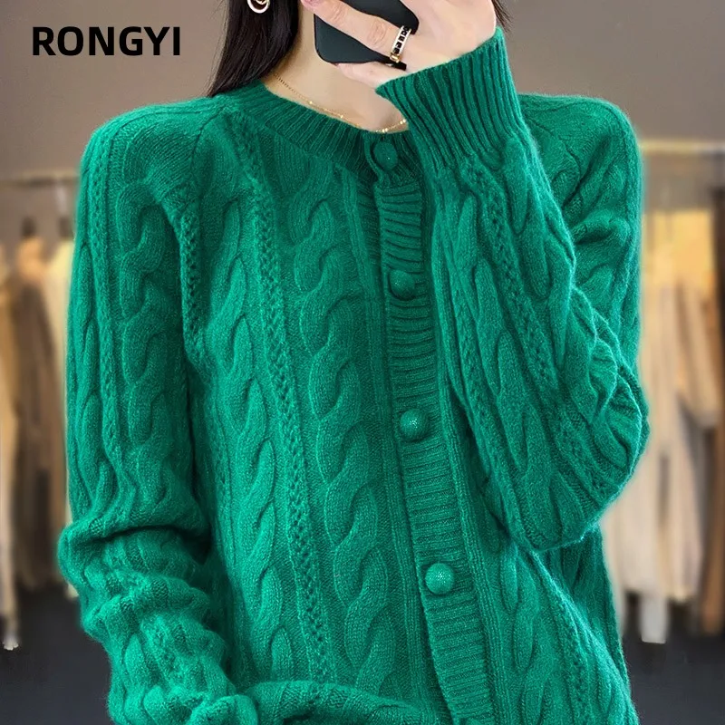 RONGYI 100 %Wool Cashmere Cardigan Autumn Winter New Large Size Twist Coat High-End Knitwear Sweater Shirt Loose Women Thick Top