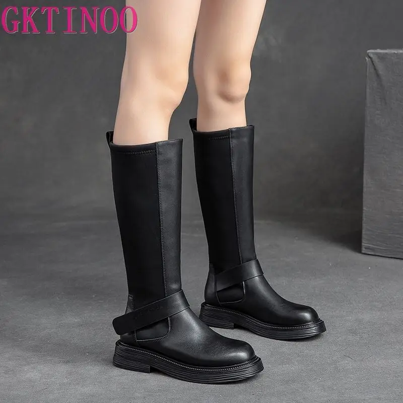 

GKTINOO Knee-high Women Boots Genuine Leather 2023 New Women Shoes Winter Slip-On Round Toe Handmade Concise Platform Boots