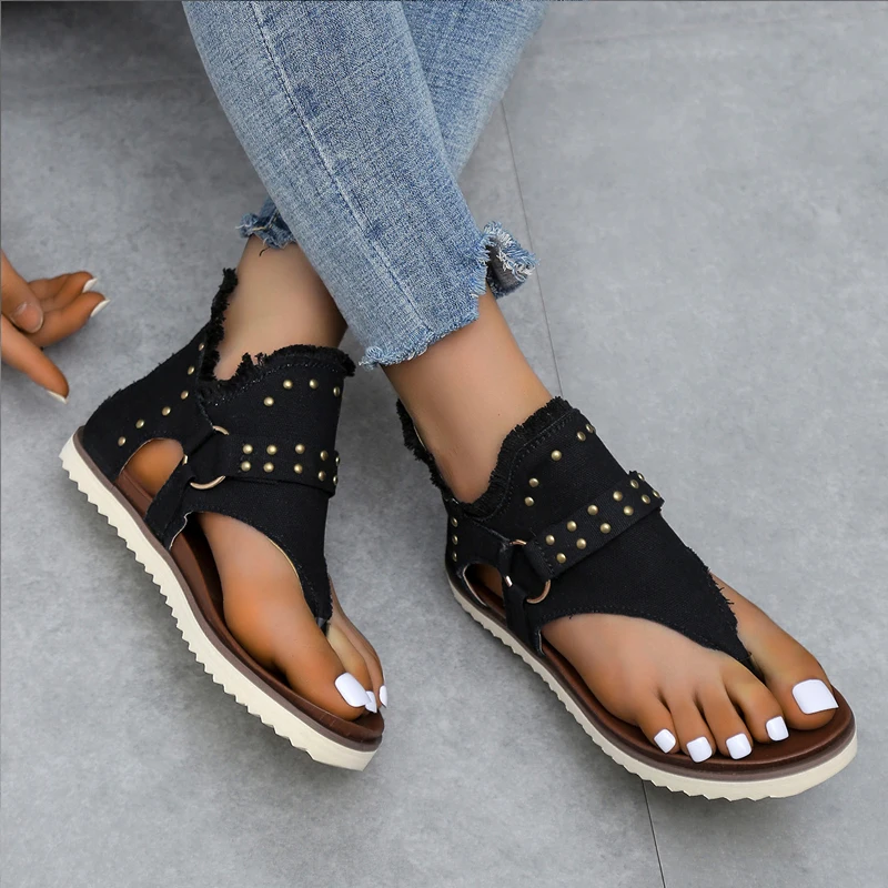 Summer Denim Shoes Women Chic Star Print Gladiator Sandals Ladies Punk Rivet Stud Fip Flops