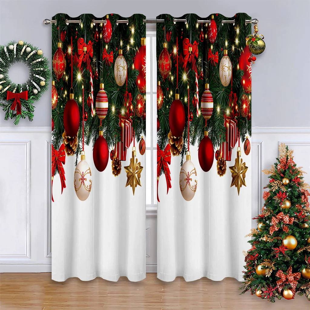 Christmas Party Window Curtains Featuring Cartoon Prints Of Christmas Ornaments; 100% Polyester; A New Year's Gift For Children.