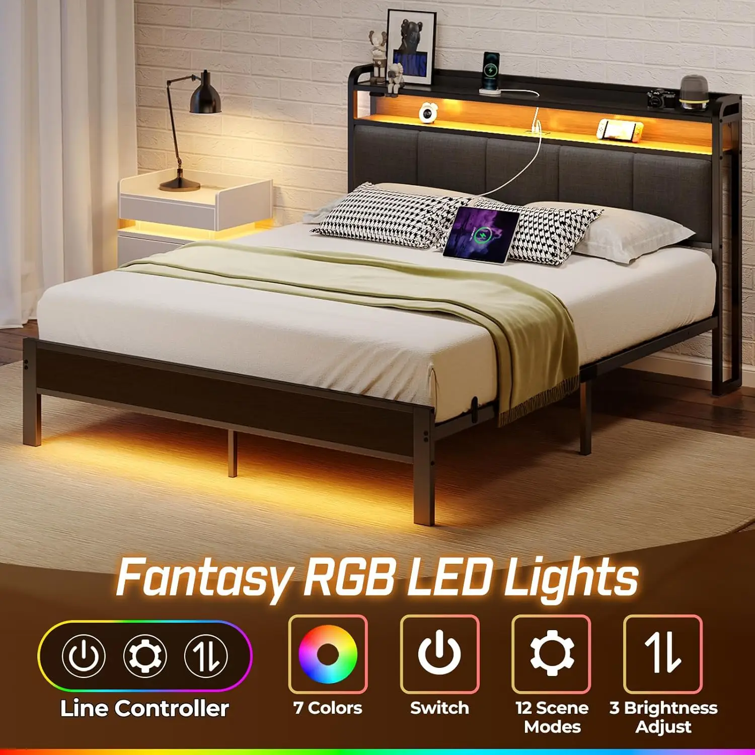 Estrutura de cama queen com luzes LED, cabeceira estofada, estação de carregamento, prateleiras de armazenamento, ripas de metal resistentes