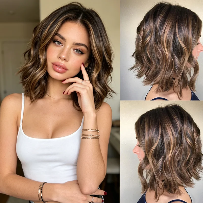 

Short Bob Lace Front Wig Light Brown with Blonde highlights Colored Wigs for Women Lady Glueless ASh Brown Synthetic Hair