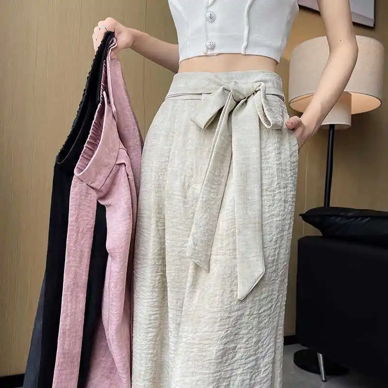 

Summer 2024 New Ice Silk Linen High Waisted Bandage Button Solid Wide Leg Trousers Women's Fashion Loose Straight Casual Pants