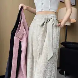 Summer 2024 New Ice Silk Linen High Waisted Bandage Button Solid Wide Leg Trousers Women's Fashion Loose Straight Casual Pants