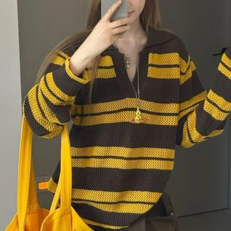 

Striped Knitted Sweater Large Size Long Sleeve Women's 2025 New Autumn/Winter Sweater Lazy Loose Look Slimming Top
