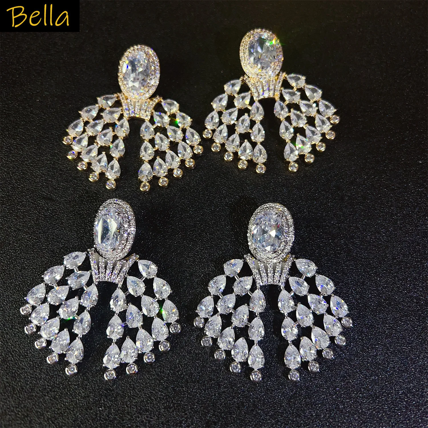 

Cubic Zirconia Silver Gold Plated Fan Shaped Earrings Sparkling Teardrop Statement Earrings for Women Wedding Party Gala Event
