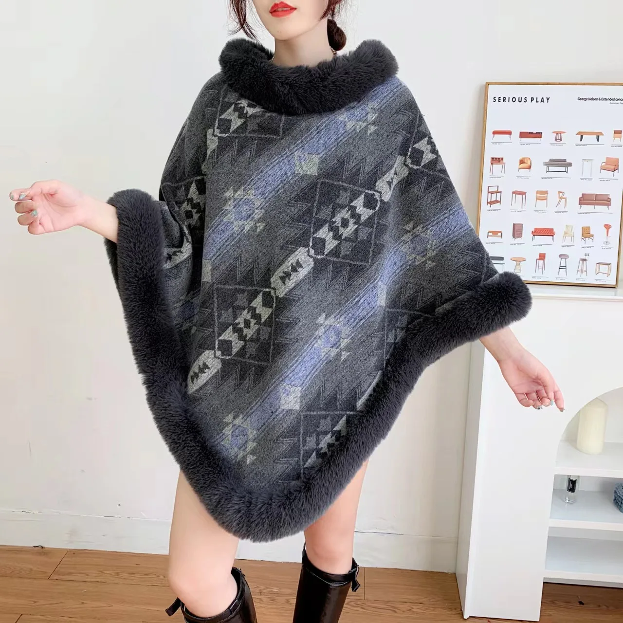 เสื้อคลุมสไตล์ยุโรปและอเมริกา ลายสก็อตแบบใหม่ ผ้าคลุมไหล่ขนเฟอร์เทียมแบบมีฉนวน ผ้าคลุมไหล่ลายแจ็คการ์ดสำหรับผู้หญิง