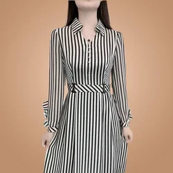 Fashion V-Neck Printed Button Loose Belt Korean Striped Midi Dress Women's Clothing 2023 Autumn New Oversized Casual Dresses