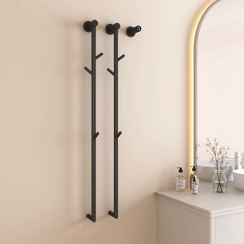 Electric Heated Stainless Steel Towel Rack Silver Black 5 Hook Double Rack for Bathroom with Heater Feature
