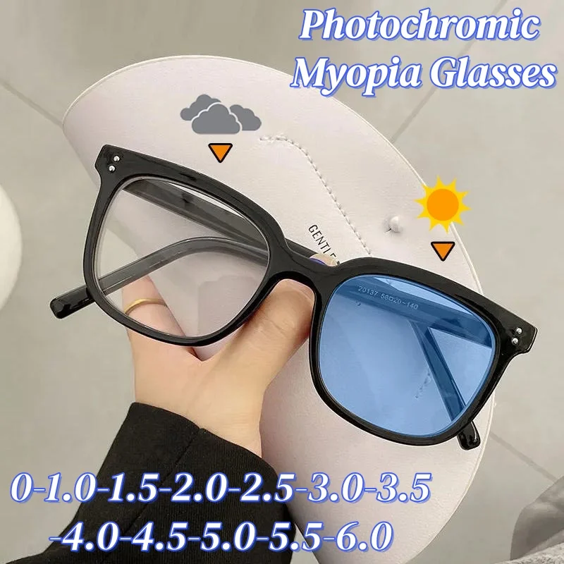 New Trendy Photochromic Myopia Glasses Women Men Anti Blue Light Near Sight Color Changing Eyeglasses with Diopter 0 To -6.0