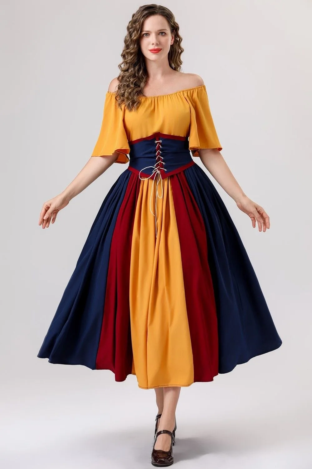 European and American Medieval Retro Contrasting Slim Fitting Skirt with Flying Sleeves Large Swing Skirt One Shoulder Dress