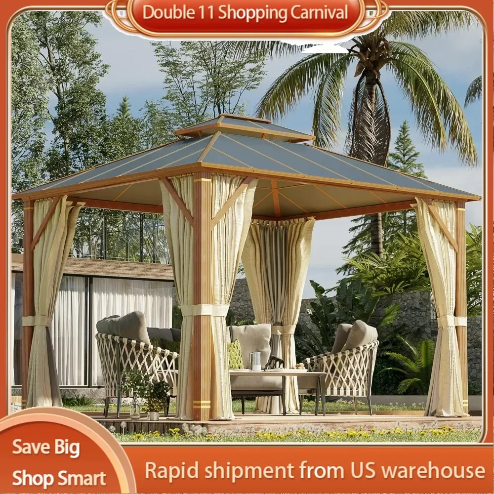 Hardtop Gazebo,10x12FT Wooden Finish Coated Aluminum Patio Gazebo for Patio Lawn and Garden, Curtains and Netting Included