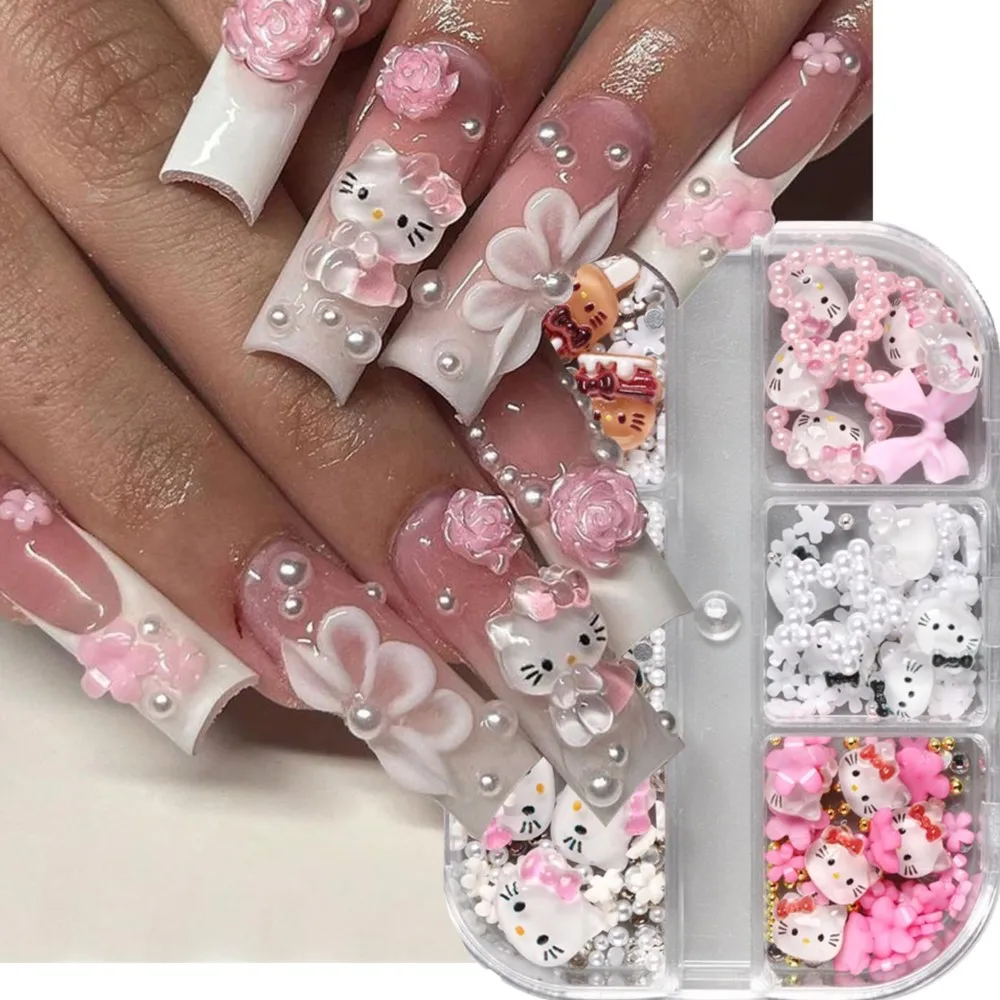 6 تقلد لطيف الكرتون كيتي القط القوس مسمار السحر مختلط الراتنج مرحبا كيتي اللؤلؤ Bowknot حجر الراين الأحجار الكريمة الوردي كيتي مسمار الفن الديكور