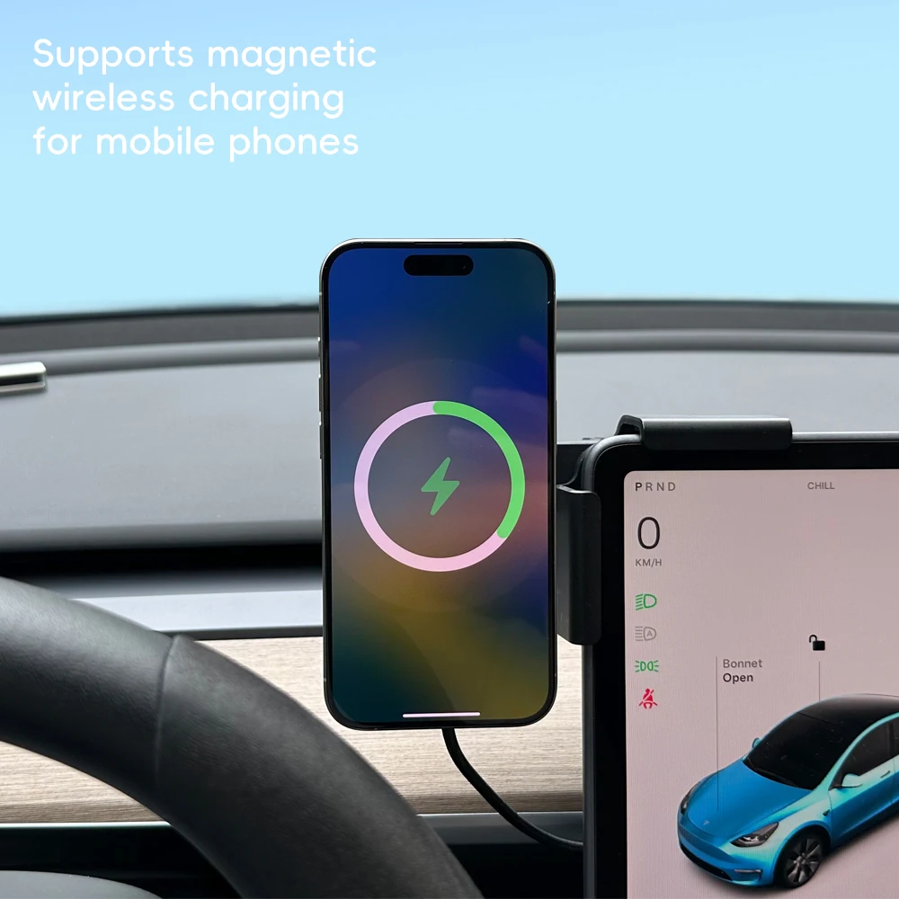 차량용 핸드폰 거치대 15W 및 25W Qi2.2 마그네틱 무선 충전기, 테슬라 모델 Y 3 JUNIPER 2026용 MagSafe 호환 사용 예시
