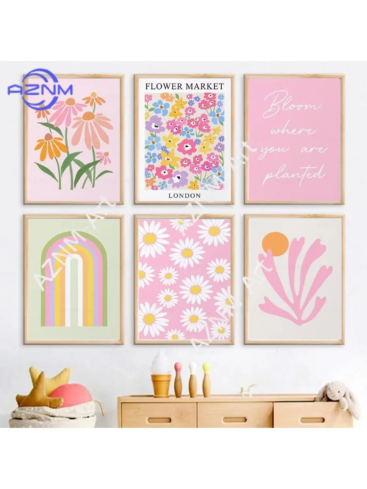 1 tableau sur toile abstrait floral bohème, fleurs botaniques roses, affiches et impressions, images murales pour chambre à coucher