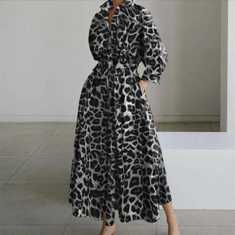 

Printed Temperament Commuter Lapel/POLO Collar Shirt Sleeve Loose Pendulum Dress