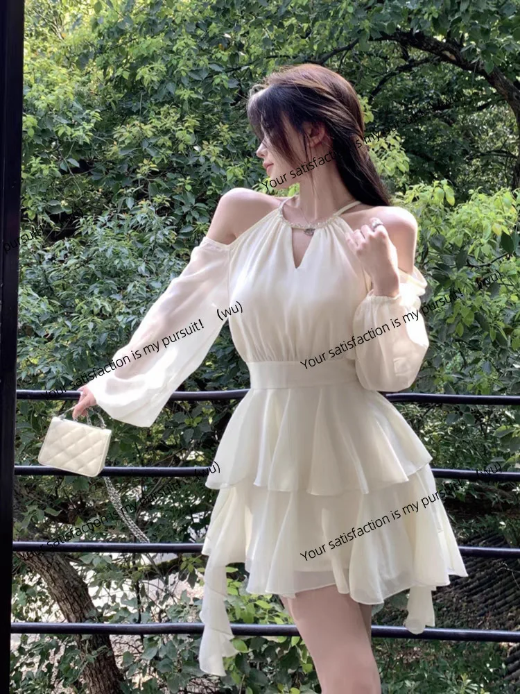 프랑스풍 흰색 긴팔 드레스 요정 여름 요정 허리 쉬폰 짧은 치마 러플 잎사귀 가장자리 케이크 A라인 스커트