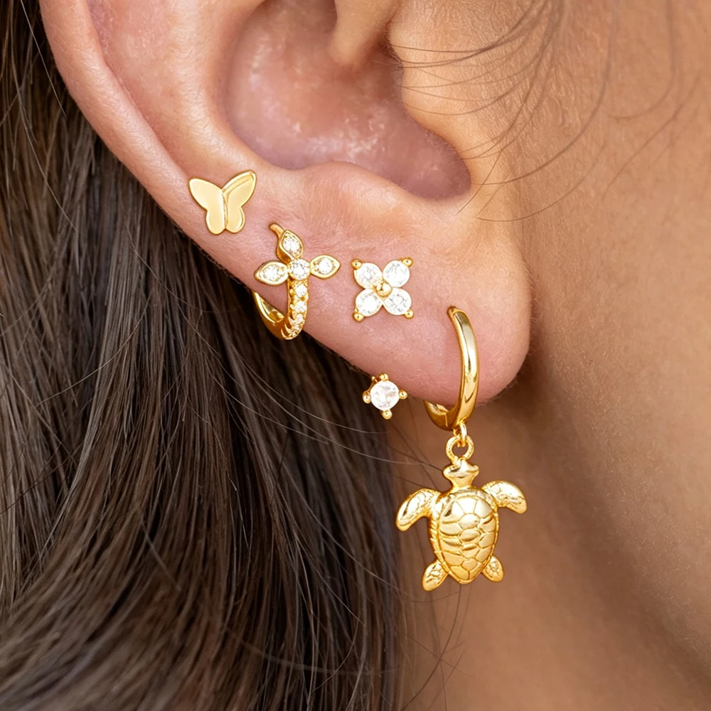 4 Stück/8 Stück Edelstahl-Schmetterlings-Ohrstecker-Sets für Damen, französisches Design, Meeresschildkröten-Anhänger-Ohrringe, hypoallergener Schmuck
