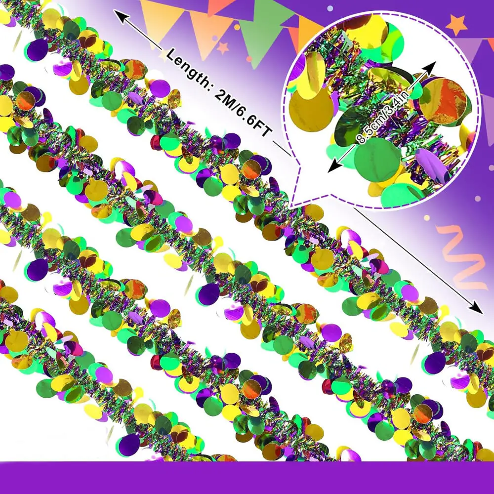 1/2/3Pcs Mardi Gras Colorful Garland Tinsel Streamers Sparkling Festooning Garland Shiny Tree Ornaments for Mardi Gras Carnival