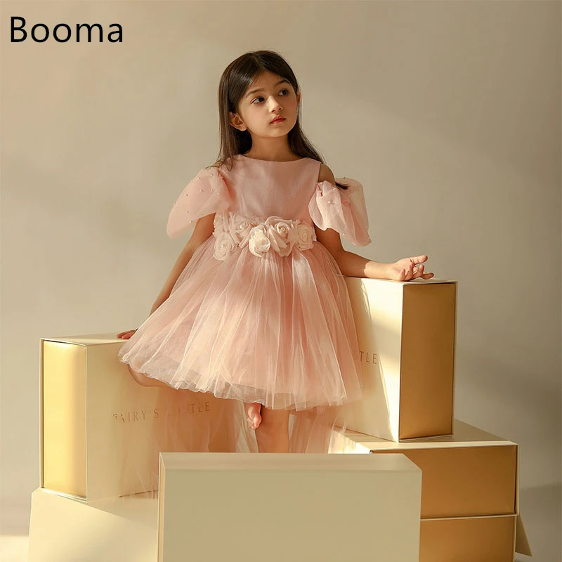 Booma A-Line Flowers Girl Dresses Knee-Length Wedding Party Dress for Kids 3D Flower Tulle Girls Prom Gowns Customized