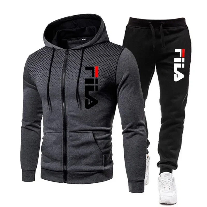 2025 new men's autumn and winter printed zipper hoodie + sweatpants set casual jogging fashion fitness sports clothing set