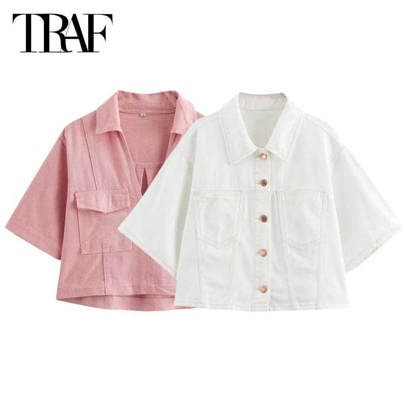 TRAF Denim Crop Solid Blouses Women's Short Sleeve Shirt Summer 2024 Lapel Collar Single Breasted Top Casual High Street Blouses