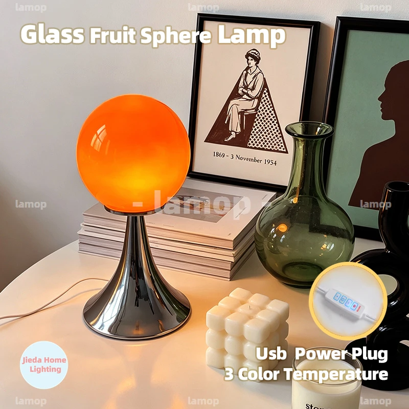 Murano Glass Full Round Fruit Sphere Table Lamp Polished Chrome Flared Conical Base 3 Tone Soft Light Sweet Fun Kids Room