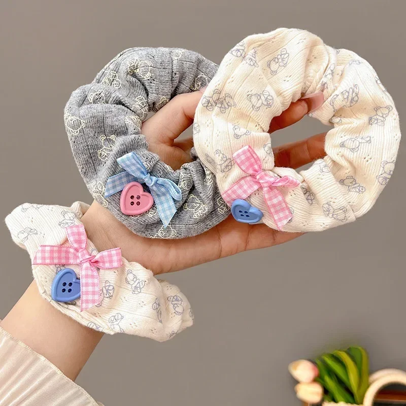 Cute teddy bear print large intestine hair loop, women's headband, love button, butterfly knot hair rope, spring rubber band