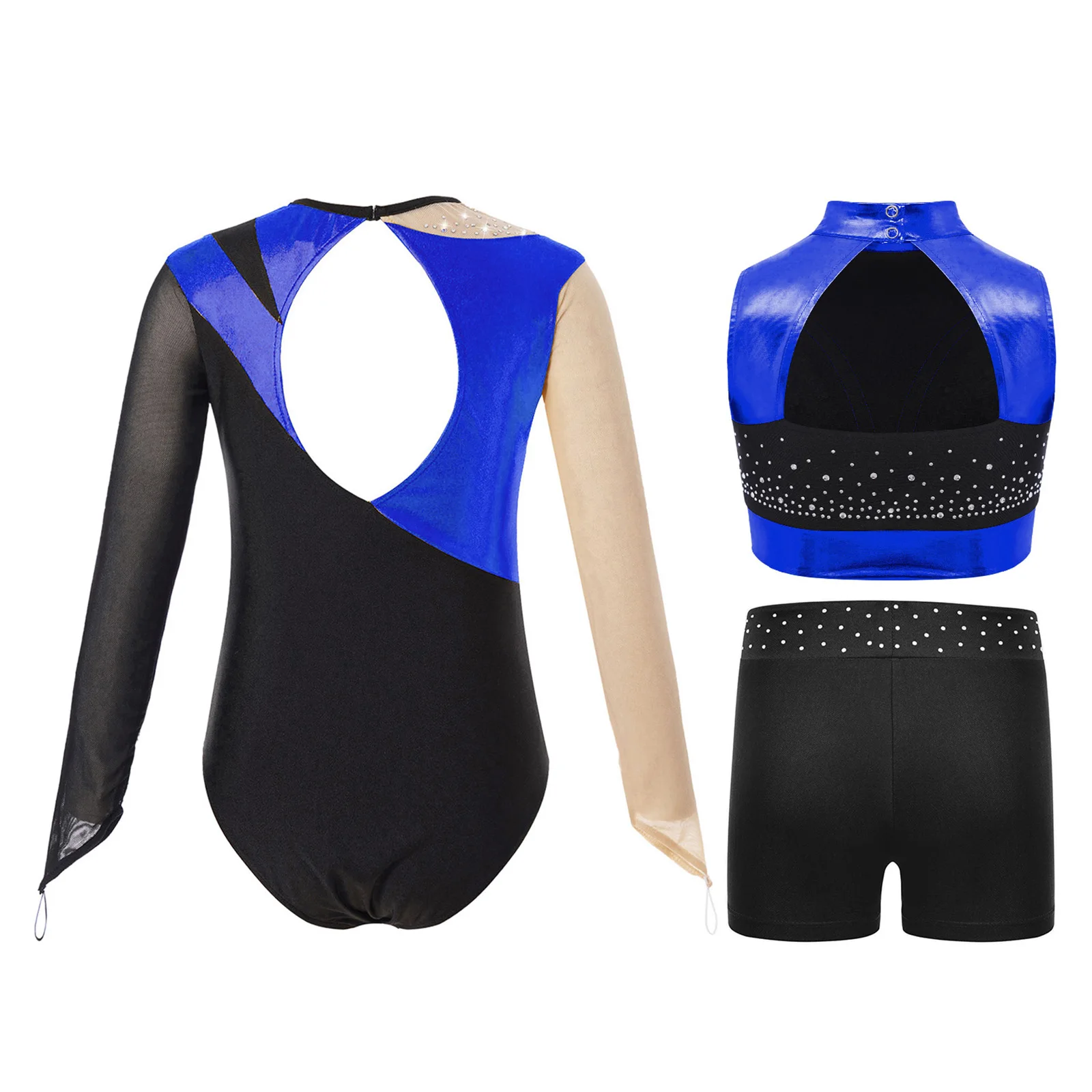 طفل الجمباز الباليه الرقص الزي الفتيات التزلج ملابس الرقص أكمام الراين لامع المحاصيل الأعلى + السراويل + يوتار دعوى #2