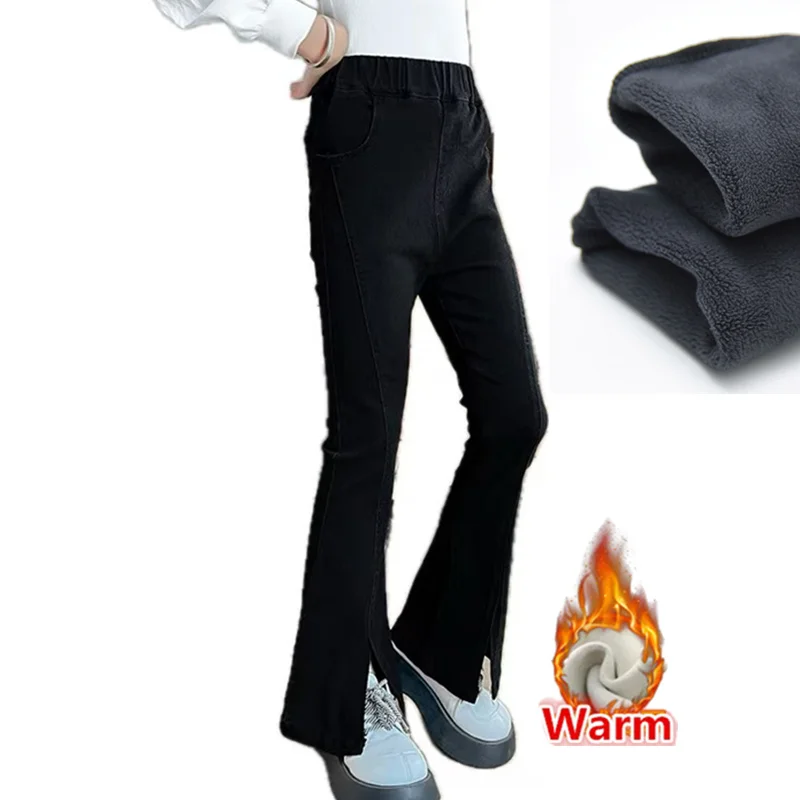 

Fashion Girl Slim Fit Winter Fleece-lined Flare Jeans with Slits Kids Warm Thicked Corduroy Boot Cut Denim Pants For Teens Child