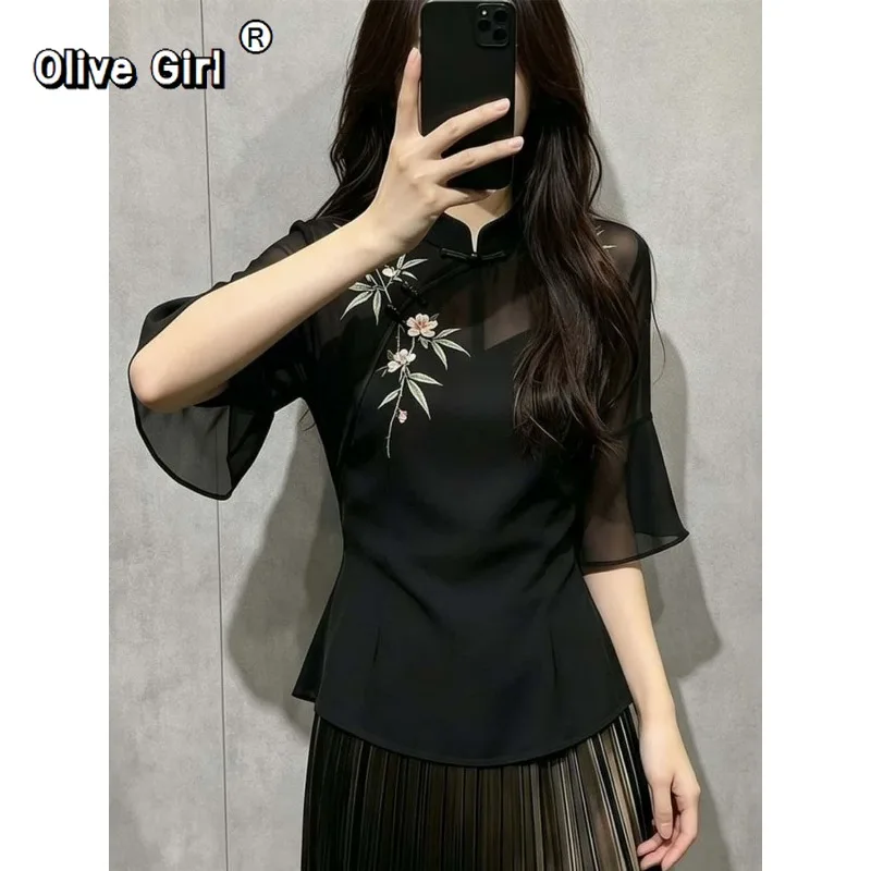 

Olivegirl 2026 Summer Shirt Chinese Black Floral Trumpet Sleeves Stand Up Collar and Buckle Casual Top with Five Quarter Sleeves