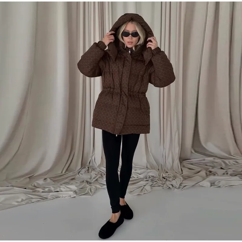 Upgraded Thickened Allover Printed Mid Length Padded Coat Stand Collar Drawstring Waist Windproof 2026 Winter Women Outer Jacket