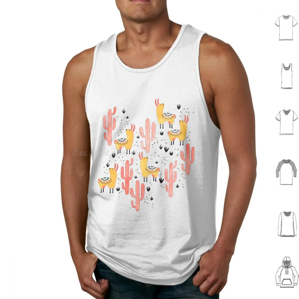 Llamas amarillos, camisetas sin mangas de cactus rojo, chaleco sin mangas, Cactus, Cactus, Llama, Alpaca, Animal, alfombra de verano, Aloe, desierto, flor caprichosa