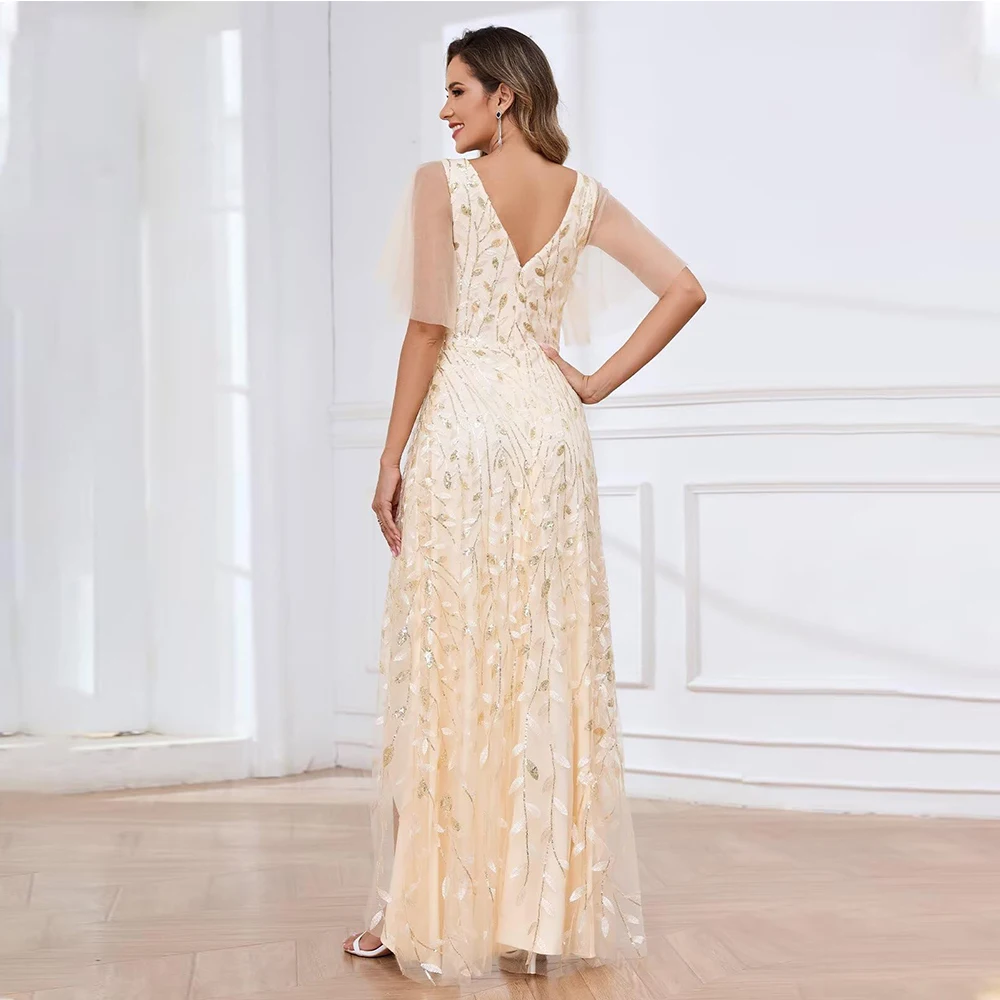 فساتين أم العروس الرائعة بأكمام قصيرة مخصصة للنساء فستان سهرة طويل مزين بالترتر فستان صيفي رسمي واسع