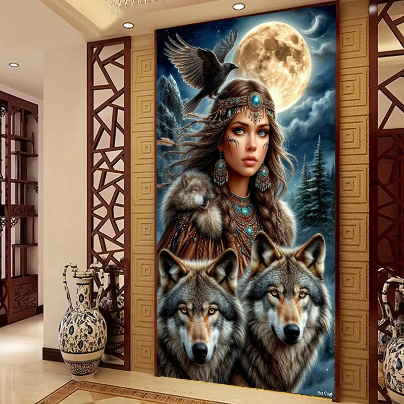 

5D Large Size Diamond Painting Native Tribal Ametrican Girl Wolf Full Square Circular Mosaic Diamond Embroidery Cross Stitch