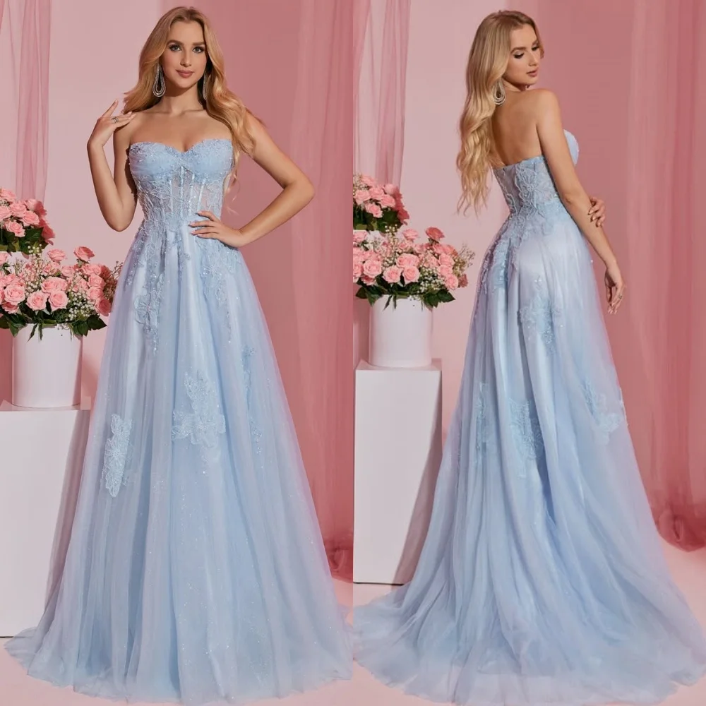 

Customized Exquisite Intricate Tulle Applique Sequined A-line Strapless Long Dresses Bespoke Occasion Dresses Sizes Available