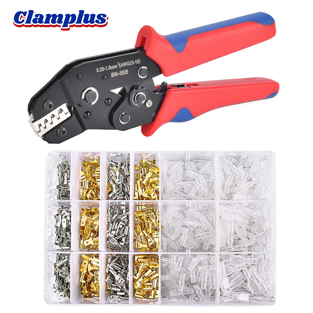 

SN-58B Wire Terminal Crimping Tool Kit AWG24-16 Self-Adjusting Ratcheting Wire Crimper 720PCS Male and Female Spade Connectors