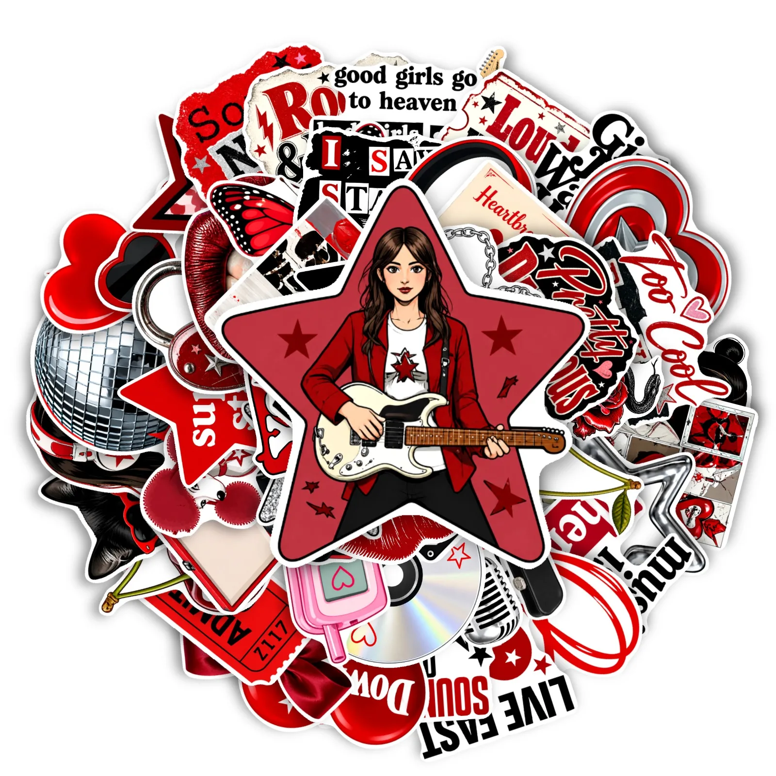 10/150Pcs Retro Y2K Rock Girl Stickers Red Black Aesthetic Decals DIY Journal Laptop Phone Scrapbook Decor Downtown Girl Craft