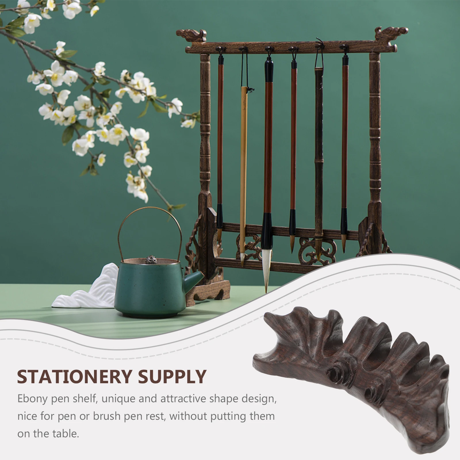 

Solid Ebony Brush Rack Root Carving Pen Holder Wood Stationery Shelf Writing Brush Organizer Pen Shelf Carving Design