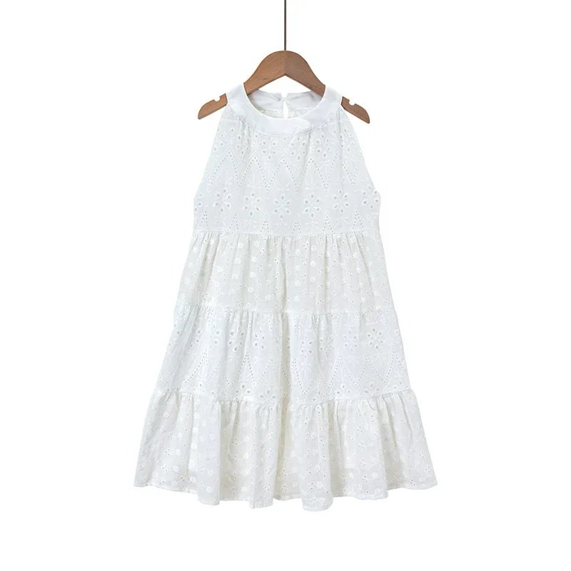 Girls Slip Dress Summer Sleeveless Hollow Cotton Dress 2024 New Beach Holiday White Princess Dresses for Kids 12 13 14 Years