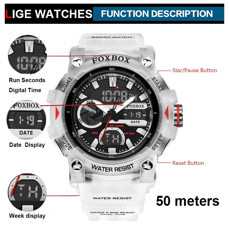 Relogio Masculino LIGE Luminous Men Watch Sport Army Mens Watches Waterproof Dual Display  Clock Man  Military WristWatch