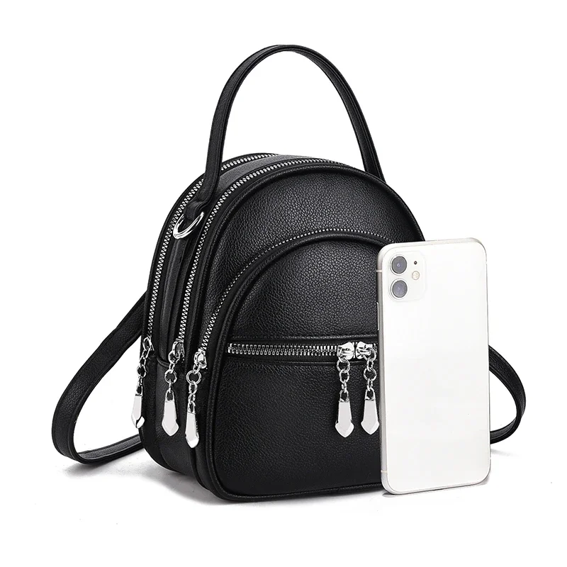 Ein hochwertiger multifunktionaler kleiner Rucksack für Damen, eine neue Mini-Handtasche in Uni-Farbe, im lässigen Schulstil. – Detail 12