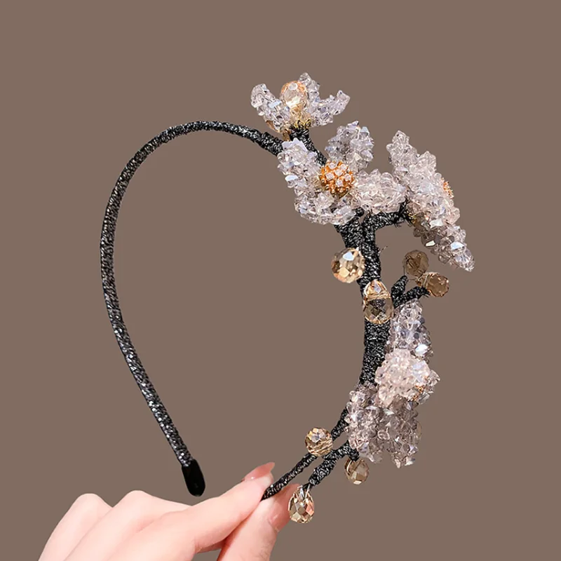 Exquisite Light Pink Crystal Flower Headband Korean Style Sweet Thin Hair Hoop Wedding Party Hair Accessories and Headwear Clip