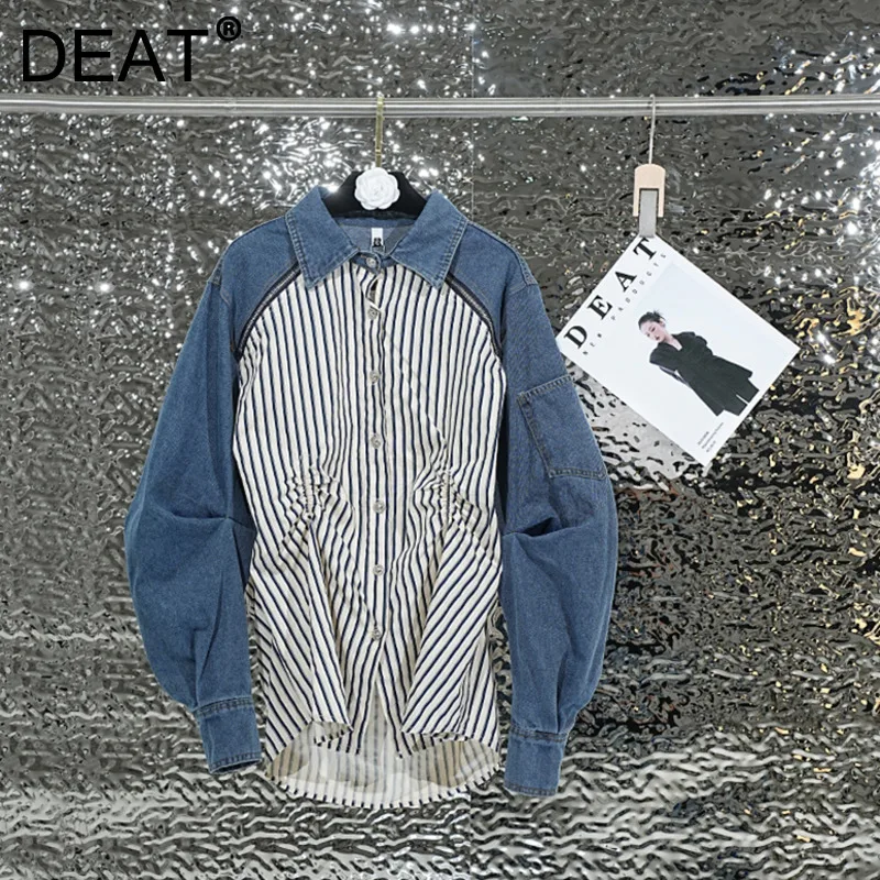 DEAT Fashion Women's Denim Patchwork Fake Two-piece Striped Shirt Loose Zipper Pleated Blouse Female 2024 Autumn New CP3262