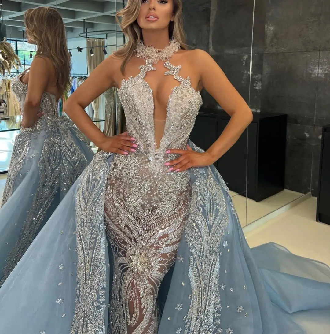 Luxury Mermaid Evening Dresses Sleeveless V Neck Halter Sequins Beaded 3D Lace Diamonds Detachable TrainProm Dresses Custom Made