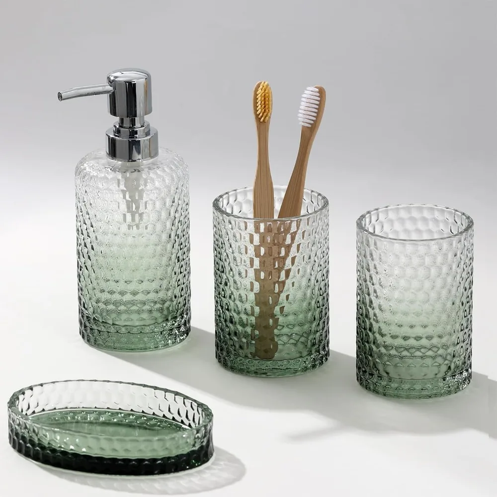 

Bathroom Accessories Set, 4Pcs Clear Glass Bathroom Set, Hand Soap Dispenser, Toothbrush Holders, Tumbler, Bar Soap Dish for