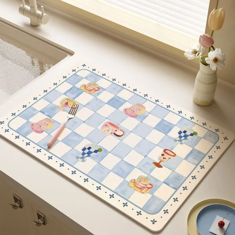 VIKAMA Rustic-Style Dish Rack Mat, Blue-and-White Checkered Absorbent and Heat-Resistant Mat, Kitchen Countertop and Home Decor