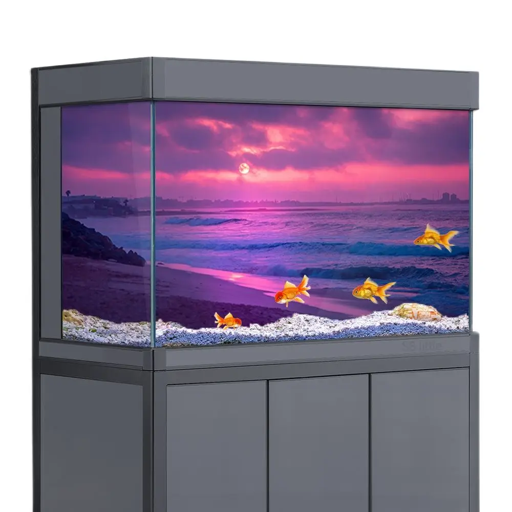 Aquarium Background Sticker, Pink Sunset Beach Nature 3D HD Printing Wallpaper Fish Tank Backdrop Decor PVC Landscape Poster