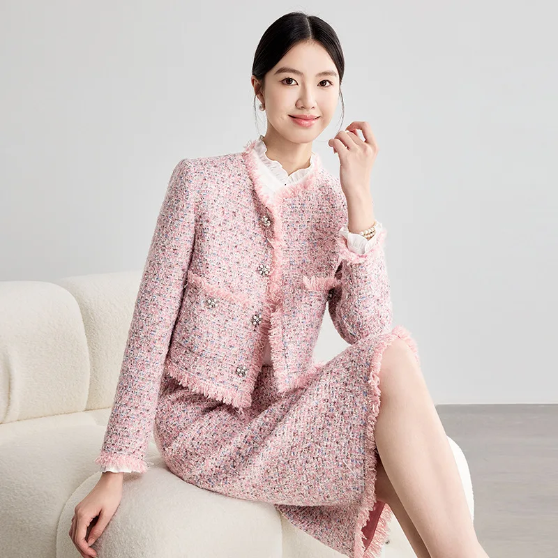 Wool tweed small fragrant style suit pink light luxury fringed high-end jacket skirt