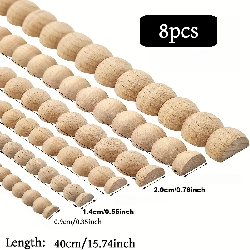 8pcs 50cm/Multiple Sizes Unfinished Wood Beaded Trim, Decorative Beaded Wood Trim, Half Wooden Beads Trim Molding, for Home